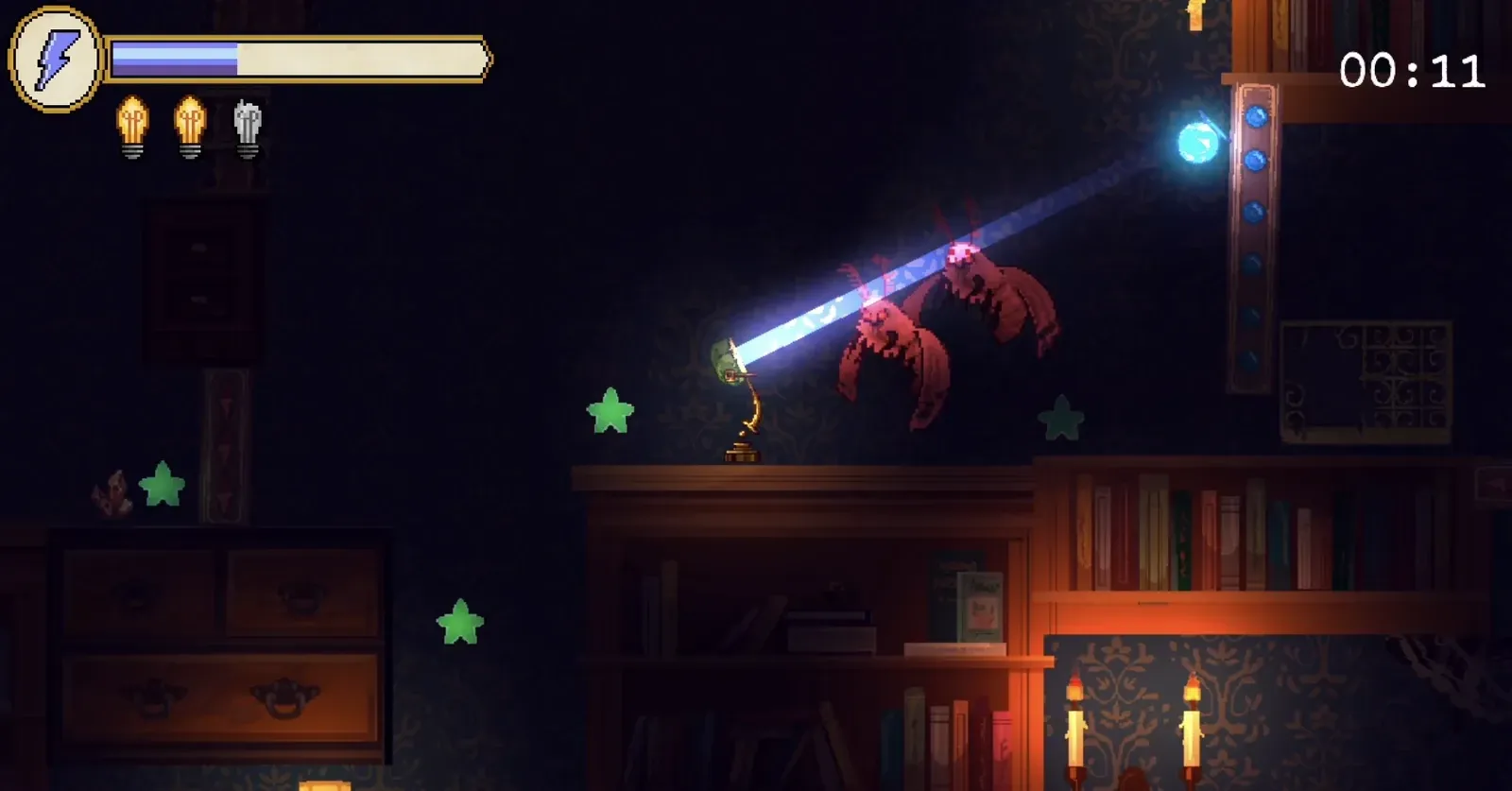 A beam of light from the lamp cuts across a dark study, lighting a floating platform and two moths