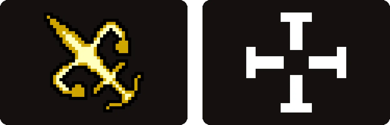 The two cursors, enlarged: the brass menu pointer, its blade reaching up and to the left, and the white crosshair of four T-shaped bars