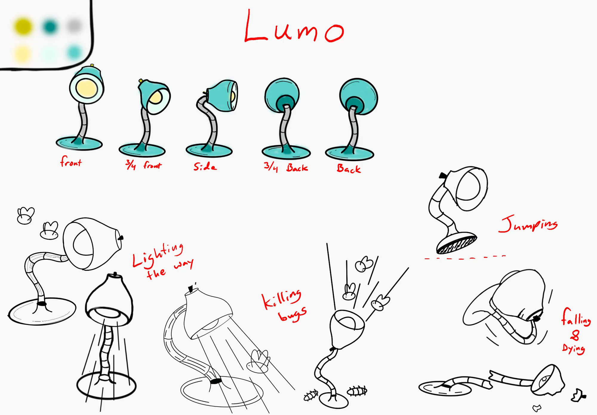 Lumo, my design-lab character sheet: a teal gooseneck lamp drawn from the front, three-quarter, side and back, with sketches of it lighting the way, killing bugs, jumping, and falling and dying