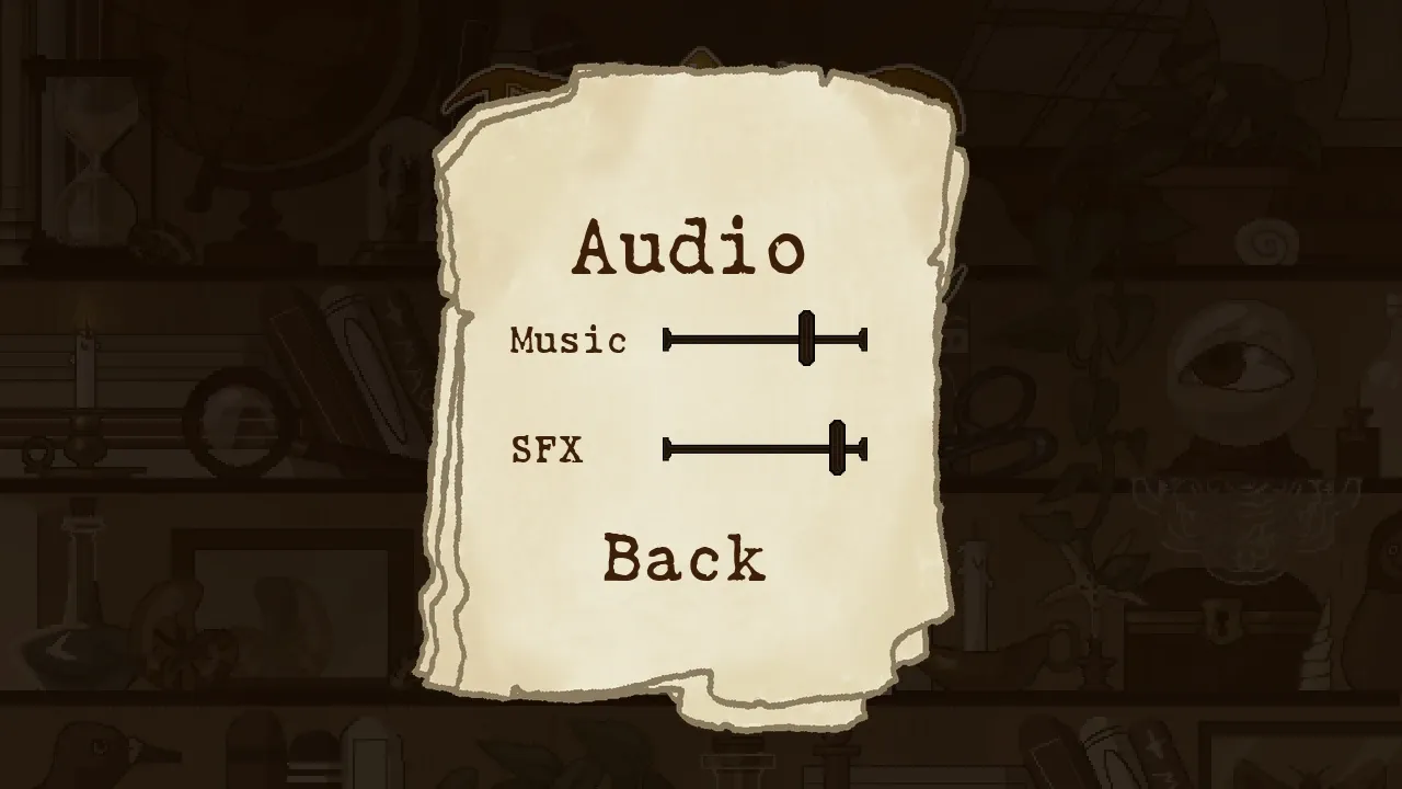 Audio: Music and SFX, the sound effects, each with its own slider