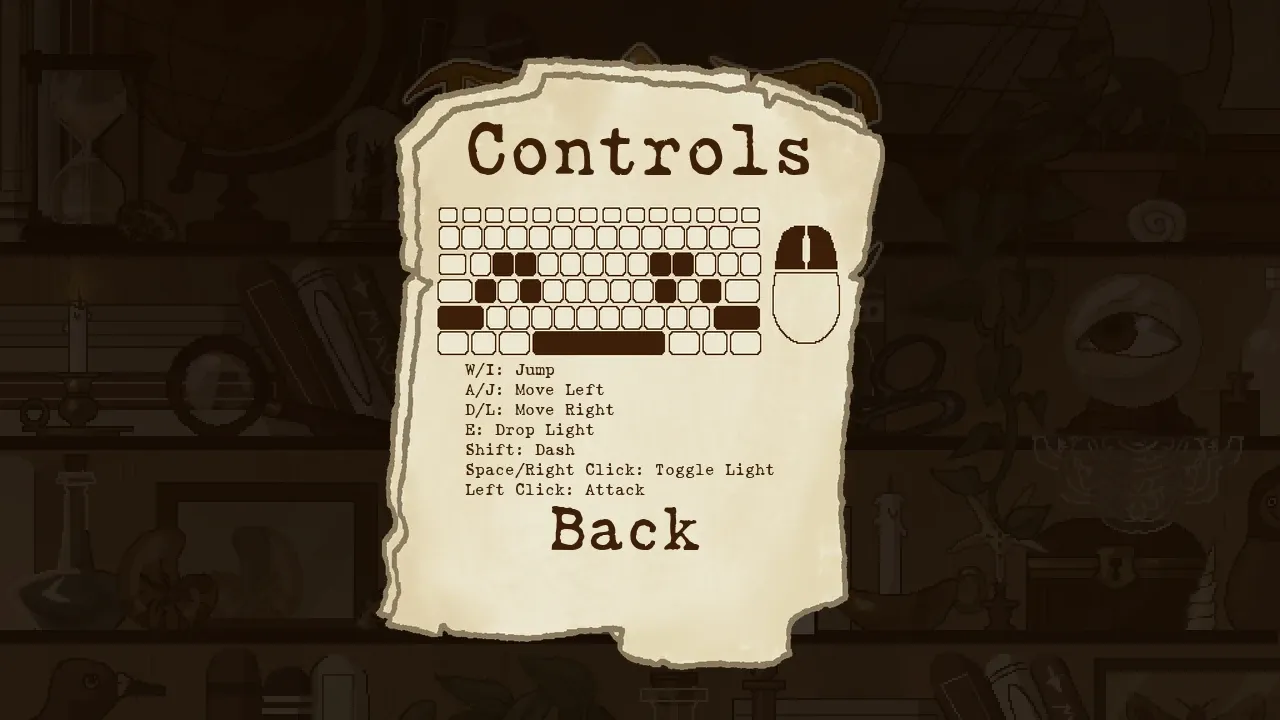 Controls: a keyboard and a mouse drawn on the paper with the game’s keys filled in, over the list: W or I to jump, A or J and D or L to move, E to drop a light, Shift to dash, Space or a right click to turn the light on and off, a left click to attack