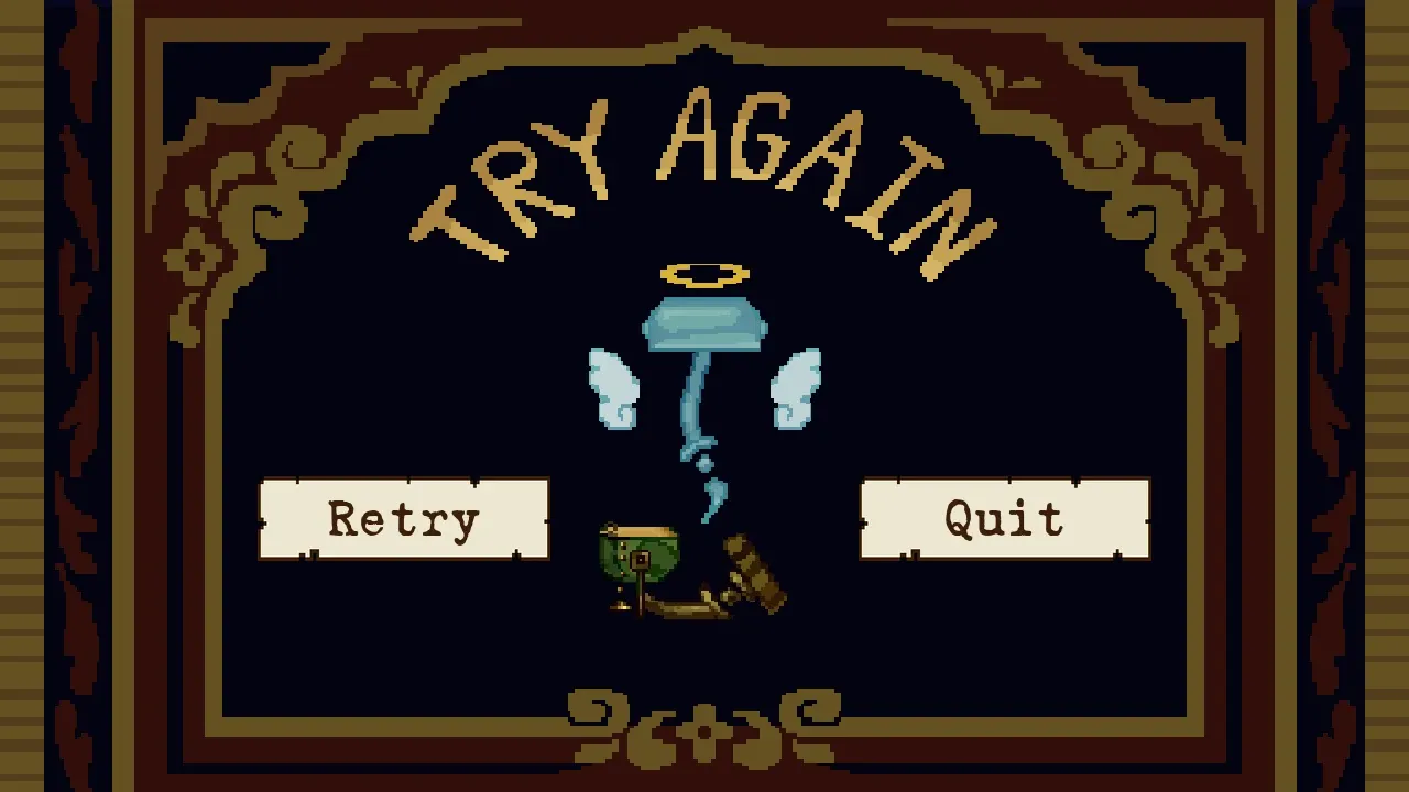 The death screen: TRY AGAIN arched over a dark theater stage, Retry and Quit on paper plaques, and Lumi’s ghost, winged and haloed, rising from the broken lamp