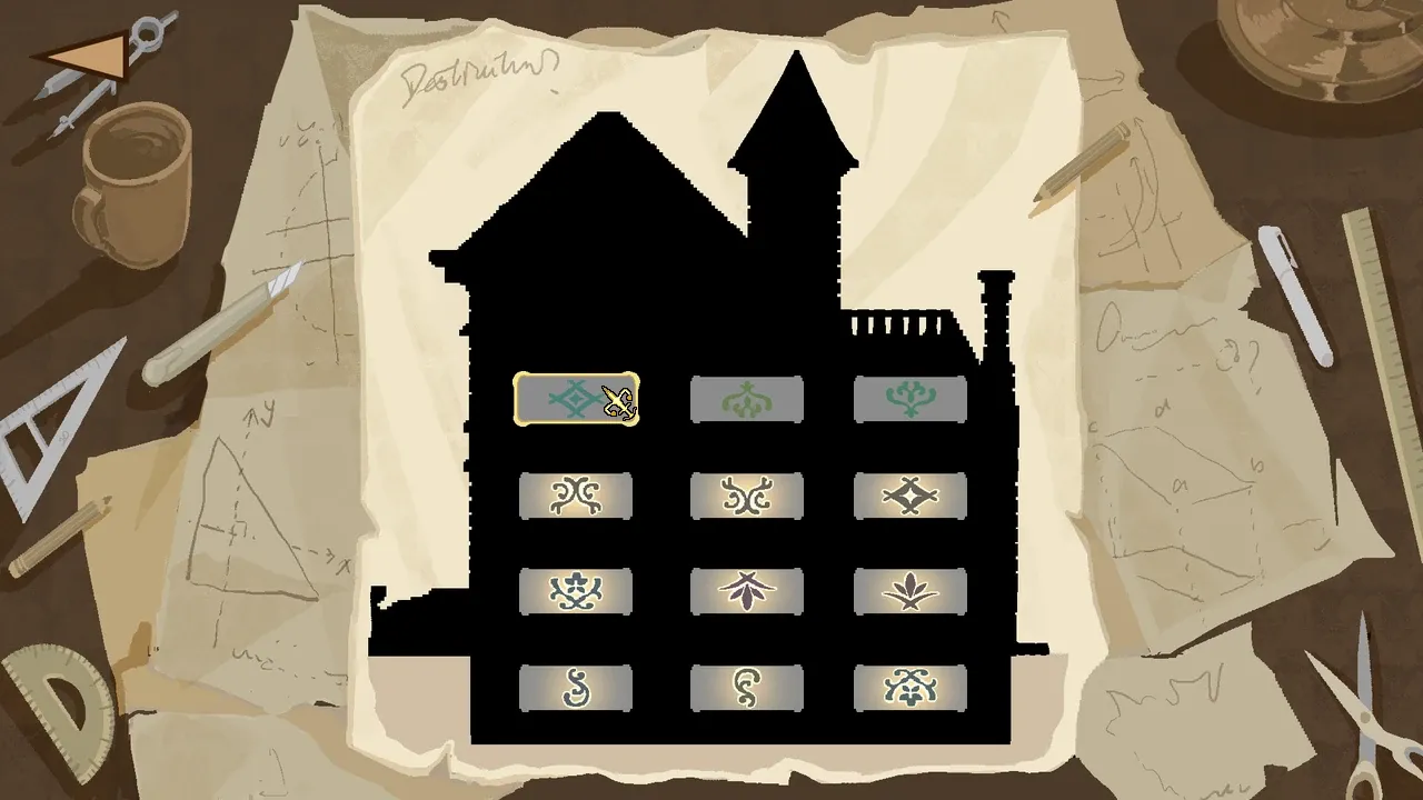 The level select: the mansion in silhouette on a drafting table, with 12 plaques on its floors, the first nine lit, and the menu cursor, a brass pointer, on the tenth, which wears a gilt edge