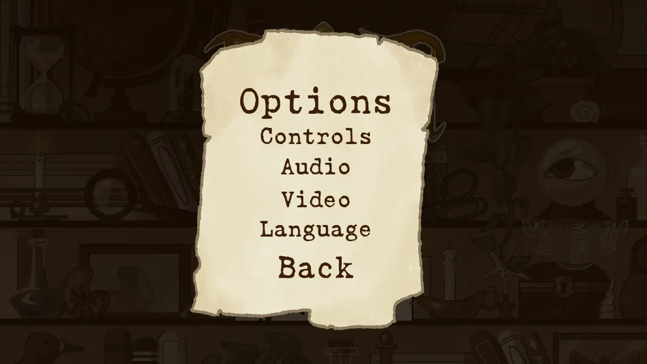 Options: a sheet of torn paper listing Controls, Audio, Video and Language, then Back