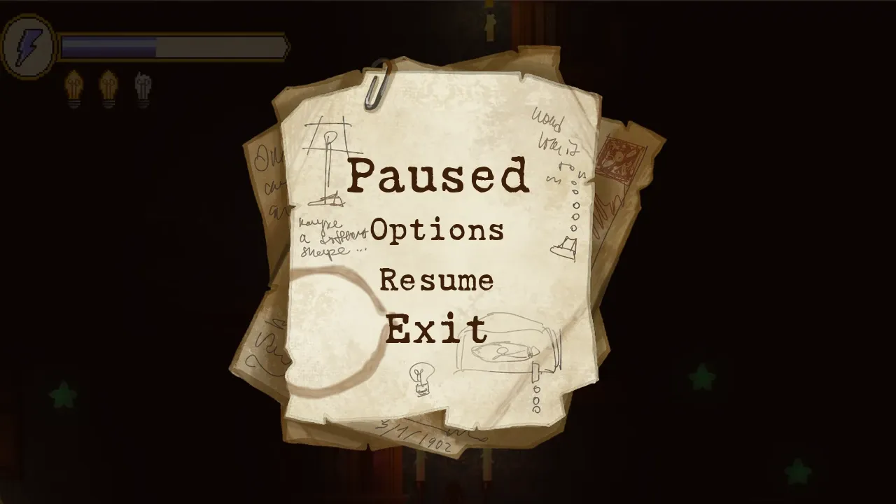 Paused: the stack of paper from my lab, held with its paper clip, with Paused, Options, Resume and Exit set in typewriter type over the darkened level