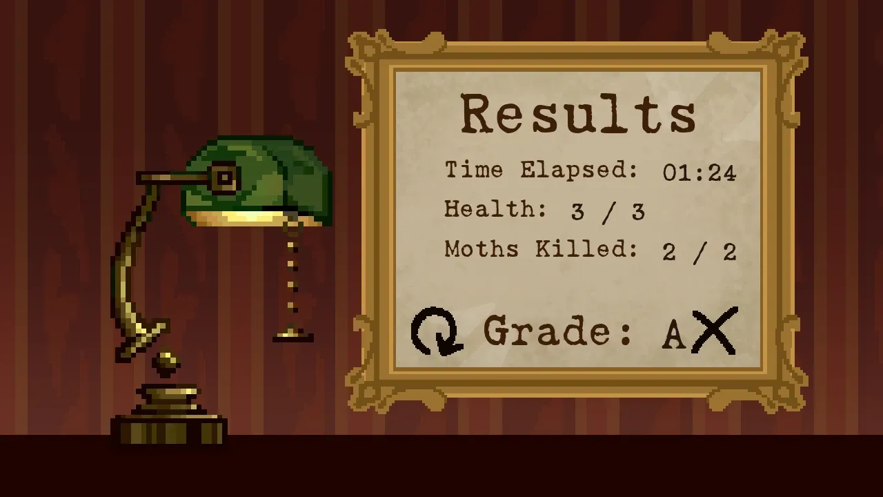 Results, in a gilt frame on striped wallpaper: Time Elapsed 01:24, Health 3 / 3, Moths Killed 2 / 2 and Grade A, with a replay arrow and a close mark painted on the frame, and Lumi, the green banker’s lamp, dancing beside it