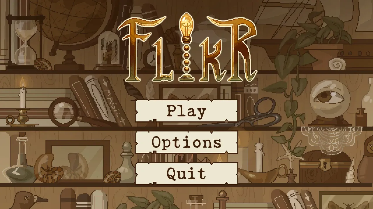 The title screen: Flikr’s title over the wizard’s shelf of curios, with Play, Options and Quit on three paper plaques