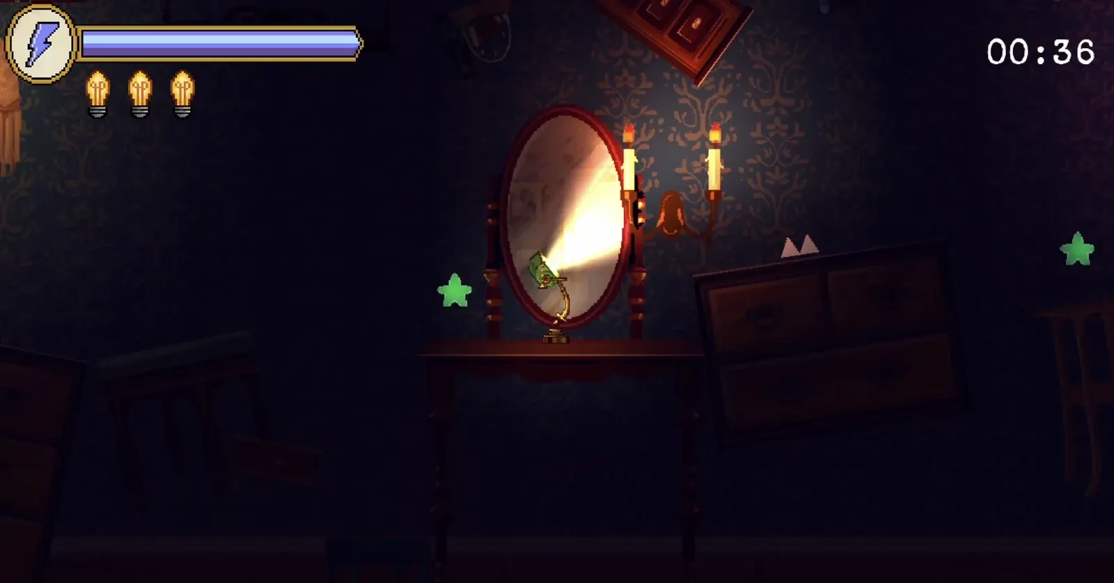The lamp’s light bouncing off a standing mirror in a dark bedroom