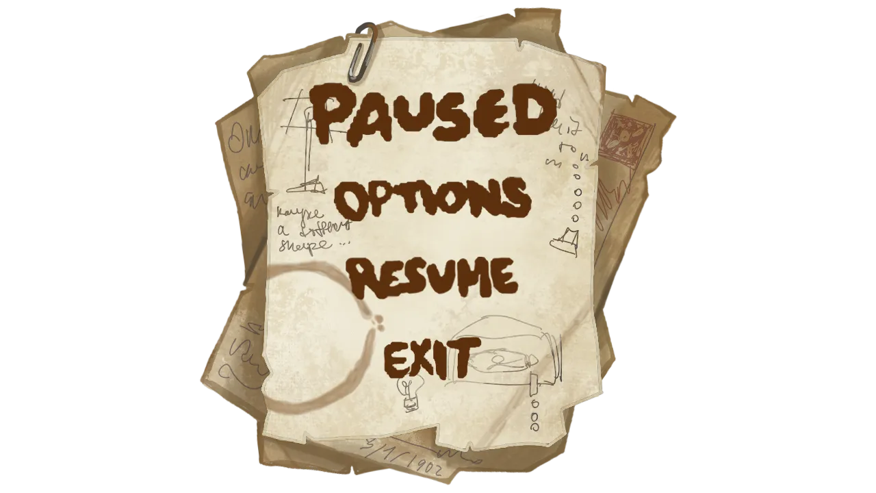 My design-lab pause menu: PAUSED, OPTIONS, RESUME and EXIT lettered on a stack of torn, scorched paper held with a paper clip