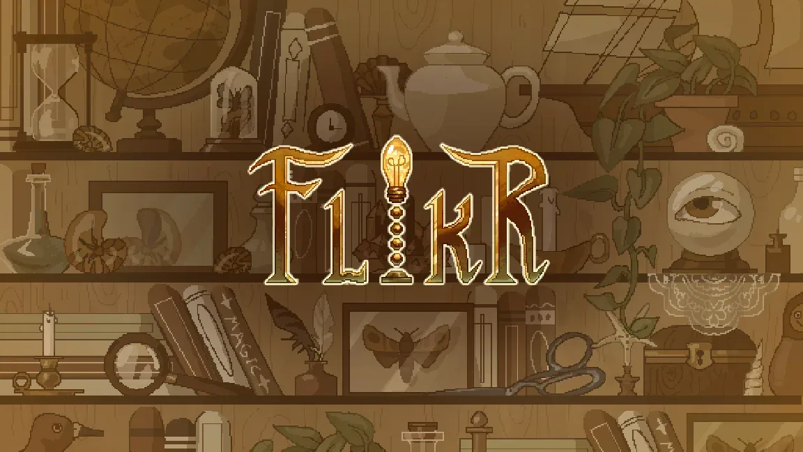 Flikr key art: the title in brass lettering on a shelf of a wizard’s curios, drawn in sepia