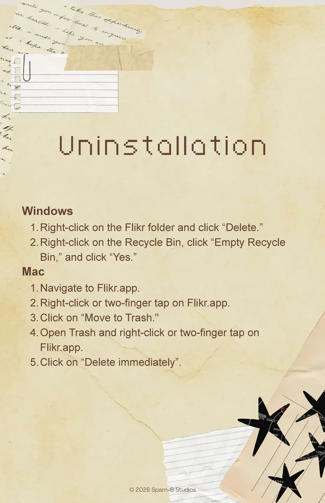 Uninstallation, beside a clipped index card and a scrap of a handwritten letter: on Windows, delete the Flikr folder and empty the Recycle Bin; on a Mac, move Flikr.app to the Trash and delete it immediately. Black paper stars spill from an envelope in the corner