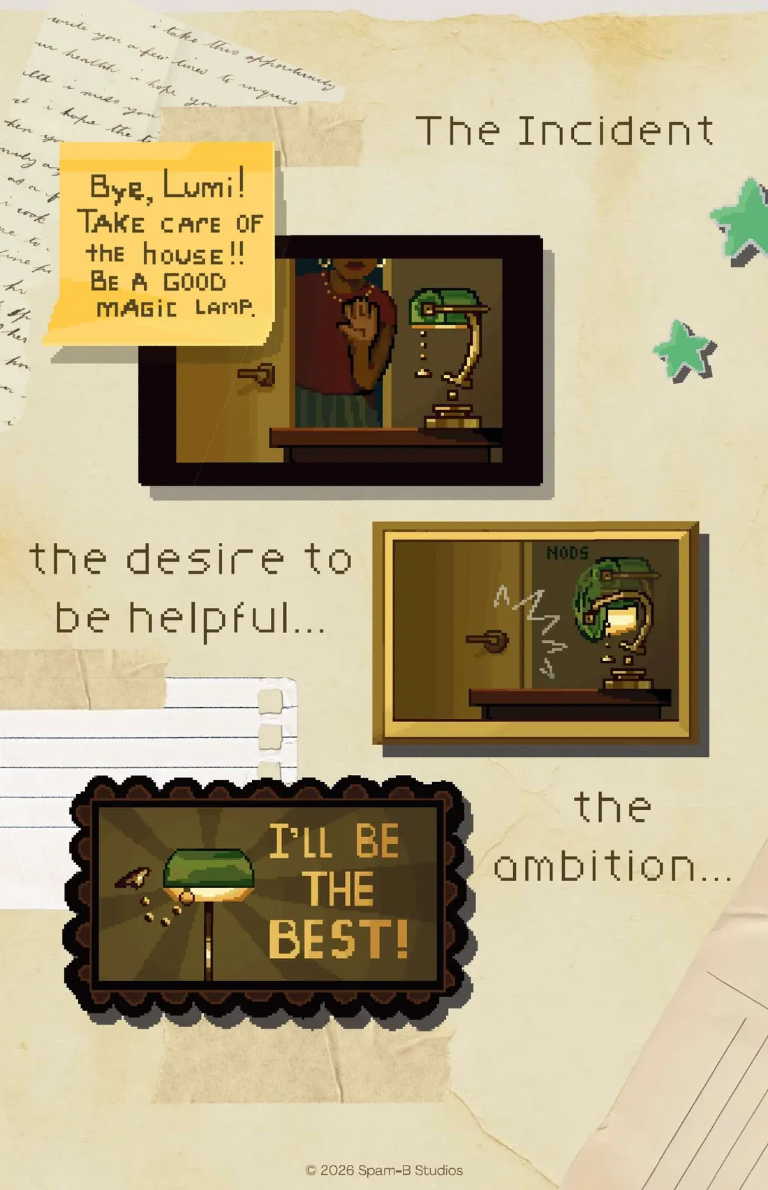 The Incident, the start of the story in pixel-art frames: a note, “Bye, Lumi! Take care of the house!! Be a good magic lamp”, as its owner waves goodbye at the door; “the desire to be helpful…”, Lumi nodding; and “the ambition…”, Lumi lit up beside the words “I’ll be the best!”