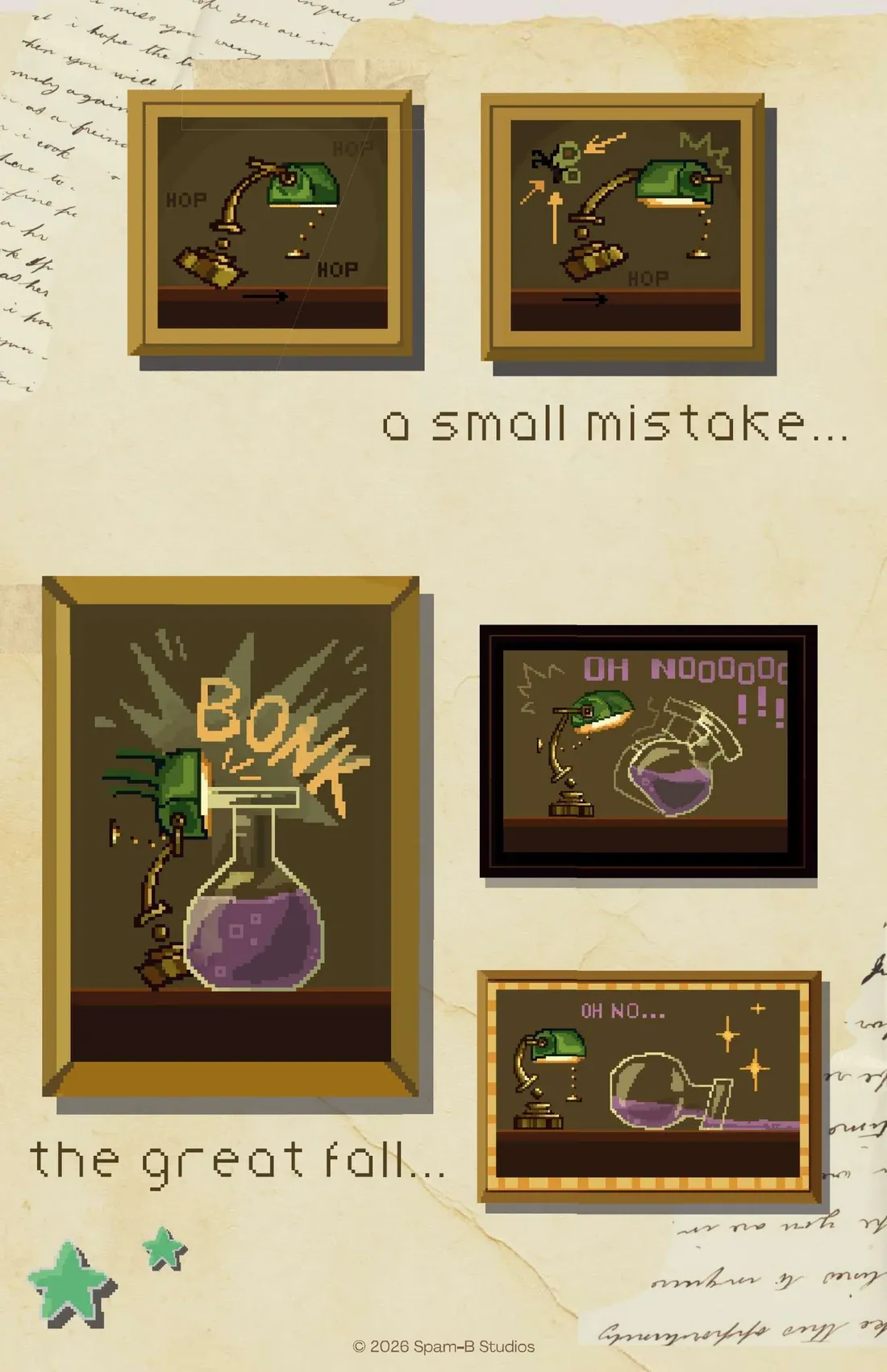 “a small mistake…”: Lumi hops along a shelf, then BONK, its shade knocks into a flask of purple potion, a drawn-out “OH NO!!!” as the flask tips, and “the great fall…”, “OH NO…”, the flask on its side in a sparkle of spilled potion