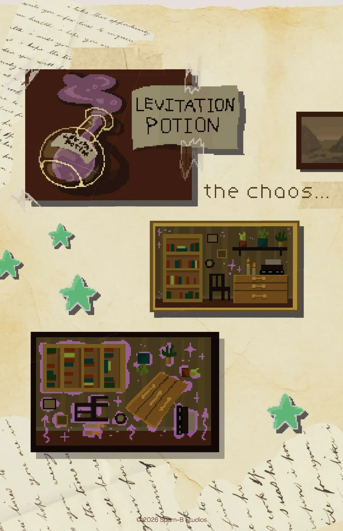 “the chaos…”: a bottle of purple potion, smoking, beside a torn sign that says Levitation Potion, then a tidy study of books, plants and a chest of drawers, and the same study with everything afloat in a purple glow