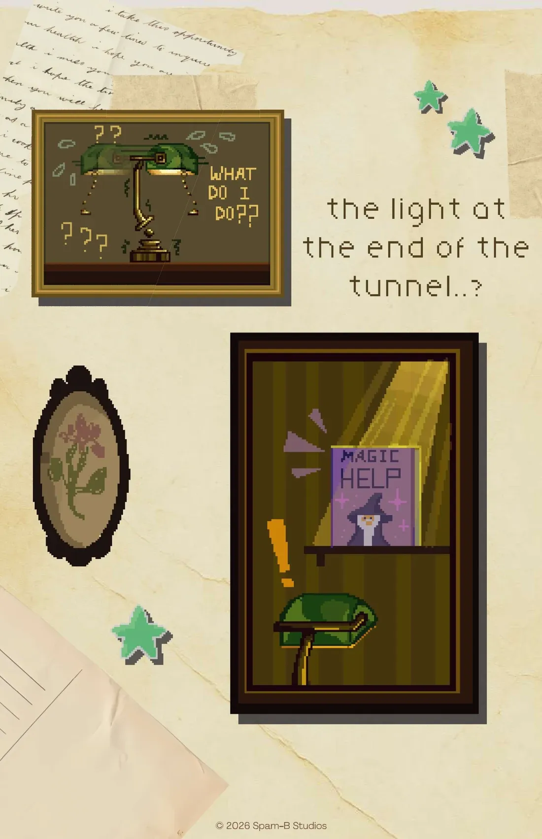 “the light at the end of the tunnel..?”: Lumi spinning in a panic, “What do I do??”, beside a framed flower, then spotting a book on a high shelf in a beam of light, MAGIC HELP, with a wizard on its cover
