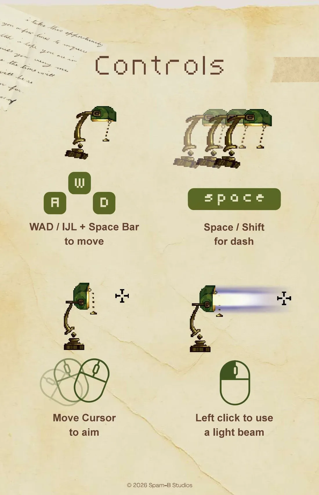 Controls: Lumi over the W, A and D keys, “WAD / IJL + Space Bar to move”; Lumi dashing in three fading copies over the space bar, “Space / Shift for dash”; Lumi turning its shade toward a crosshair over a mouse, “Move Cursor to aim”; and Lumi firing a beam at the crosshair over a mouse with its left button filled in, “Left click to use a light beam”