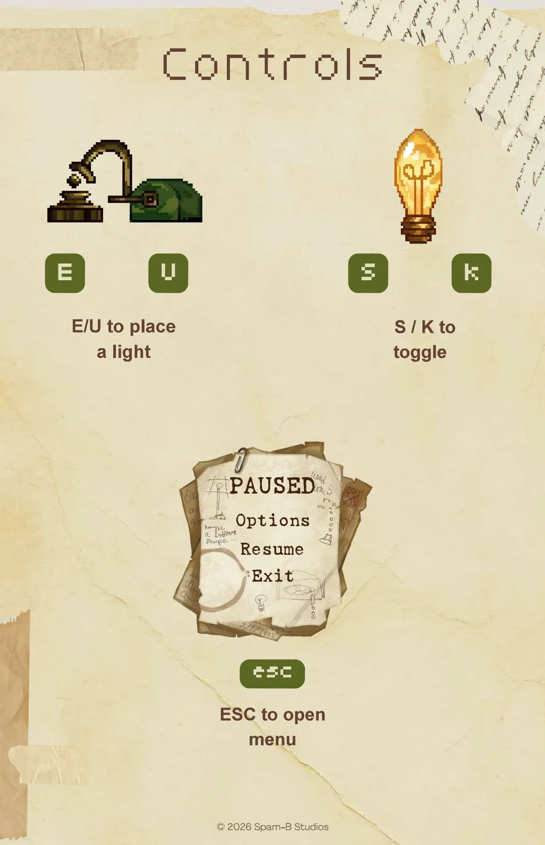 More controls: Lumi lying on its side over the E and U keys, “E/U to place a light”; a light bulb over the S and K keys, “S / K to toggle”; and my pause menu, the stack of paper with Paused, Options, Resume and Exit, over the Escape key, “ESC to open menu”