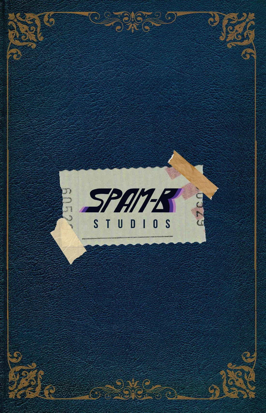 The back cover: the SPAM-B Studios logo on a ticket stub taped to the dark blue leather, inside the same gilt frame