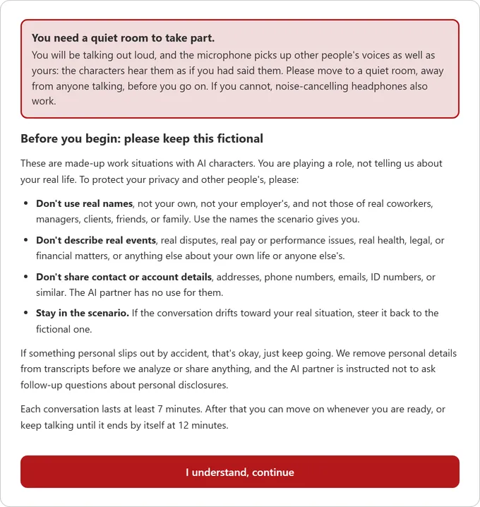 First: a notice that you need a quiet room, because the microphone hears everyone, and a request to keep the conversation fictional: no real names, no real events, no contact details, and to steer back to the scenario if it drifts