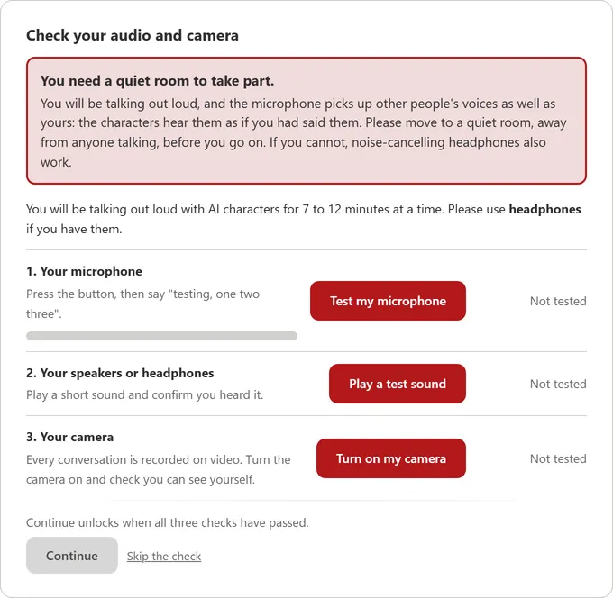 Second: a check of the microphone, the speakers or headphones, and the camera, each with its own test button, and Continue locked until all three have passed