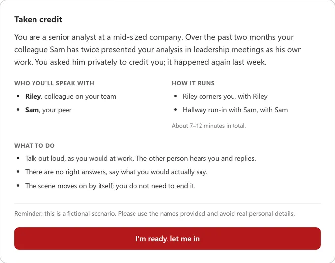 Third: the situation card for the Taken credit scenario: what happened with Sam, who you’ll speak with, how the scene runs, and what to do, with a reminder that it is fictional