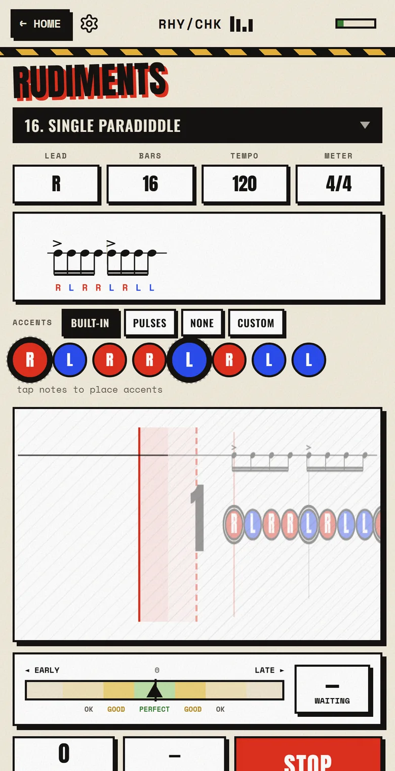 Rhythm Checker’s rudiment drill on a phone: the single paradiddle at 120 beats per minute, its sticking with the accents marked, the notes scrolling toward the hit line, and a meter from early to late for each hit