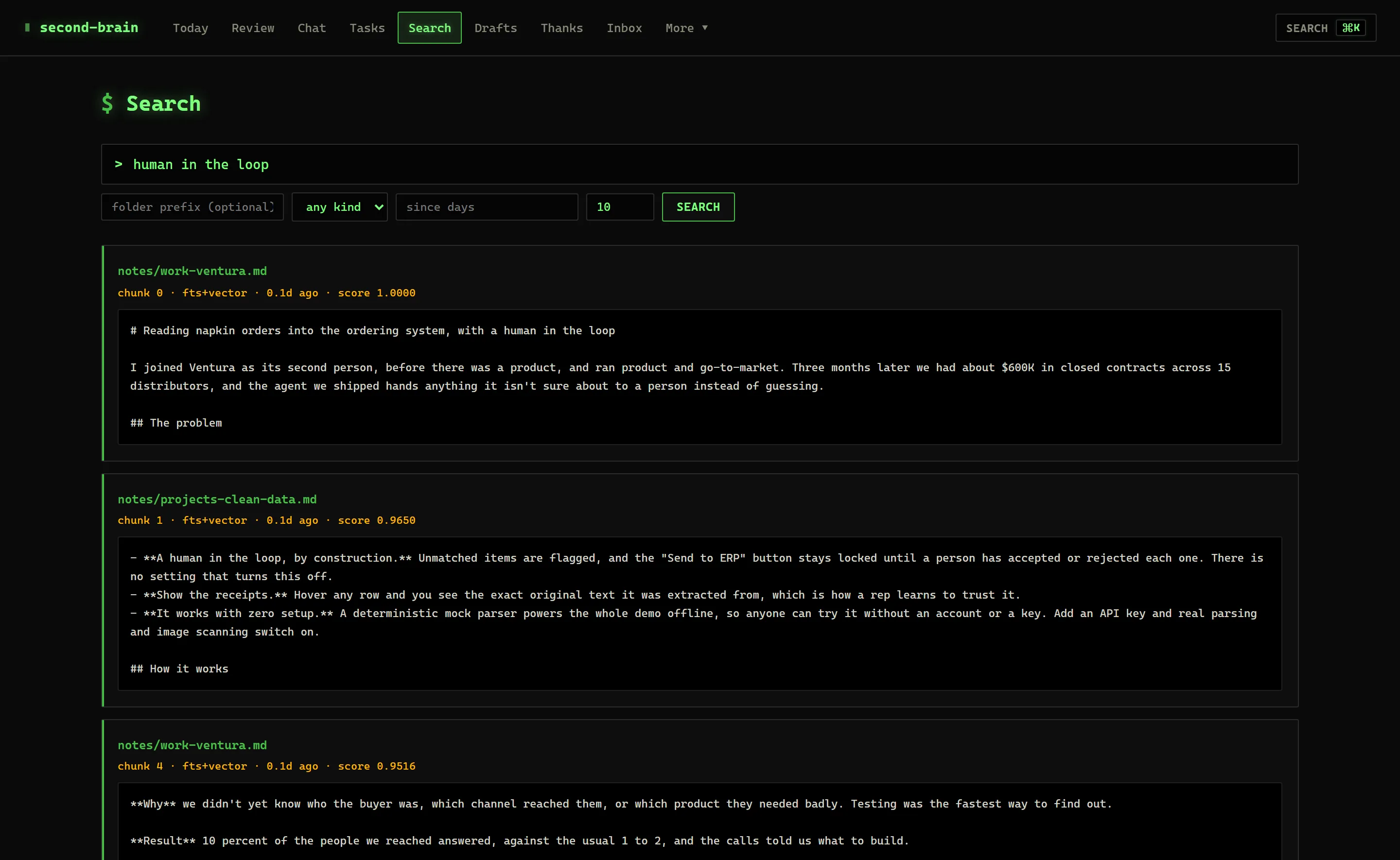 The dashboard’s search page, run on sample notes made from this site’s pages with a word-count stand-in for the embedding model: the query “human in the loop” returns ranked passages, each with its file, chunk and score, led by the opening of the Ventura case study, then Clean-Data’s note on its locked send button