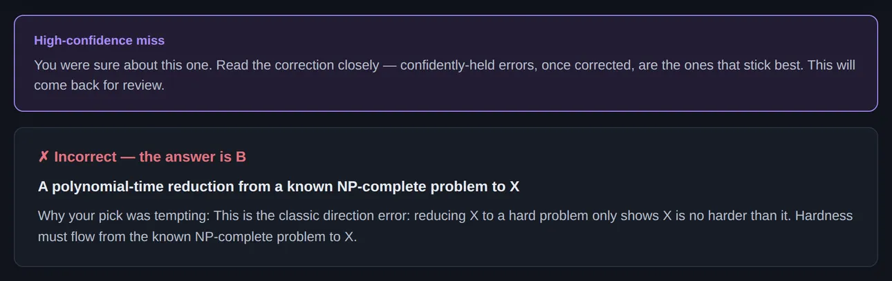 A high-confidence miss: a banner says you were sure about this one, so read the correction closely, and that the question will come back for review; below it, the right answer to a question on proving a problem NP-complete and why the tempting pick was wrong
