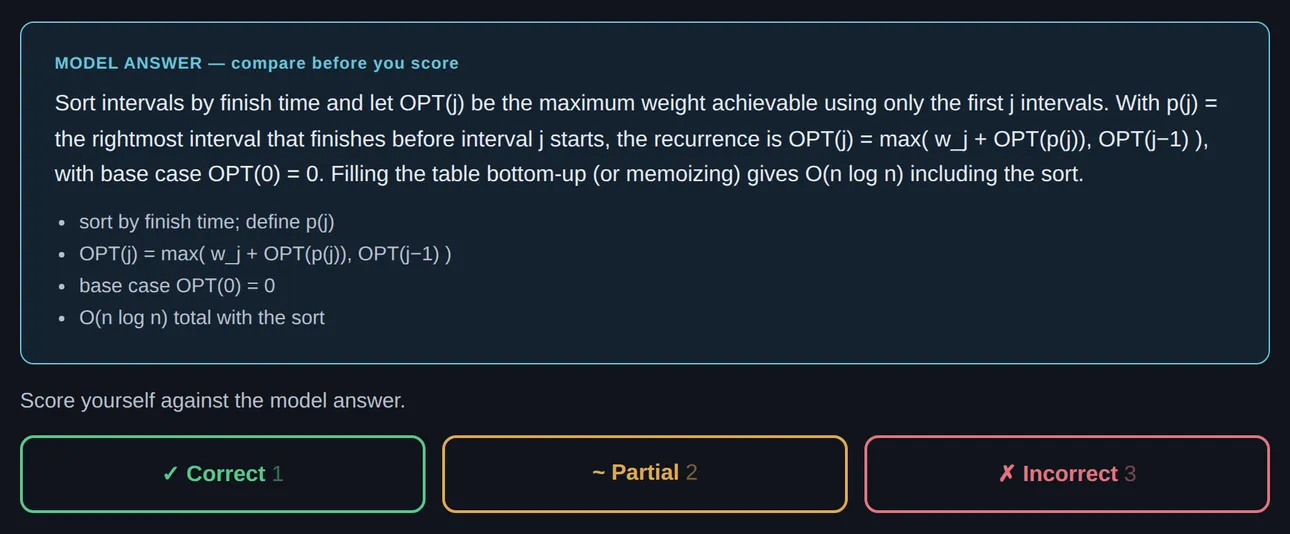 The model answer to a dynamic-programming question on weighted interval scheduling (the recurrence, the base case and the running time), set out to compare with your own before you score it, and the three scoring buttons: correct, partial and incorrect